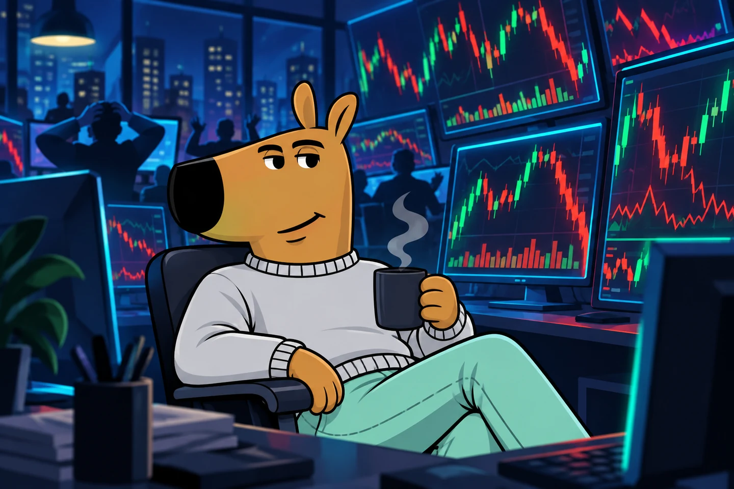 The Chill Season dog calmly watches chaotic market screens at night