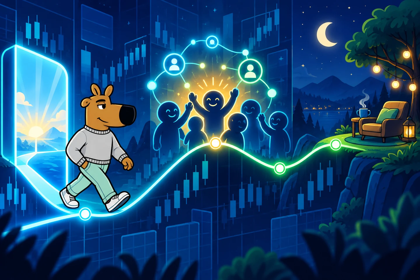 The Chill Season dog follows a glowing route from launch through community to a quiet lounge